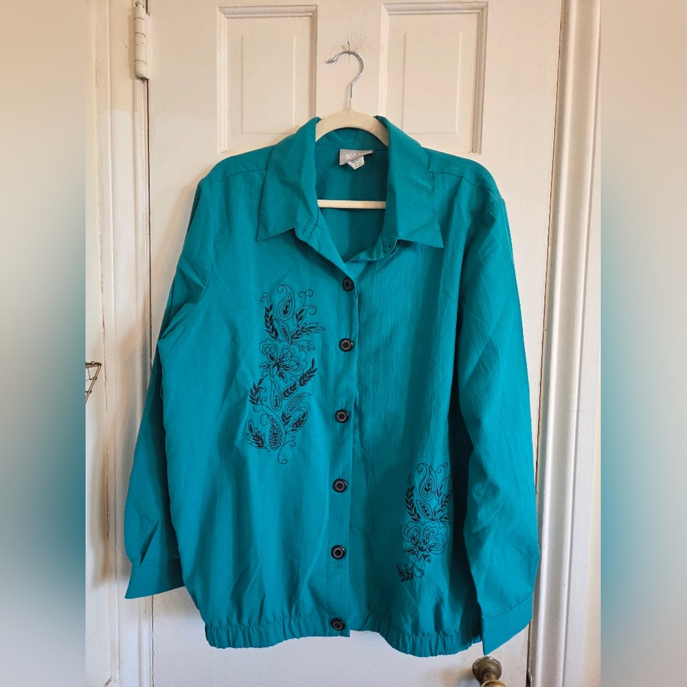 Blair Teal Button Down Jacket With Black Embroidery